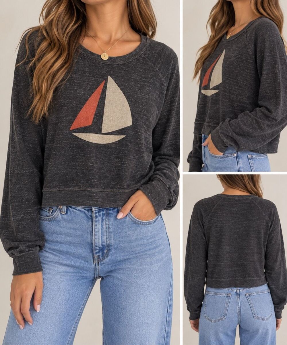 Sundry Sailboat Graphic Sweatshirt Large Charcoal Made in USA Coastal